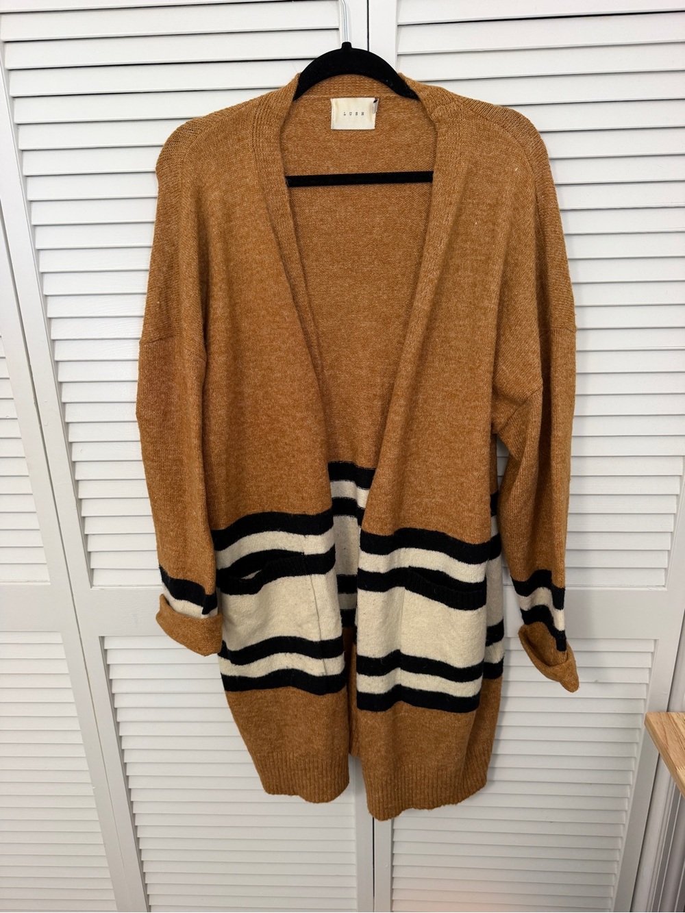 Lush Open-Front Striped Long Cardigan - Camel Size L